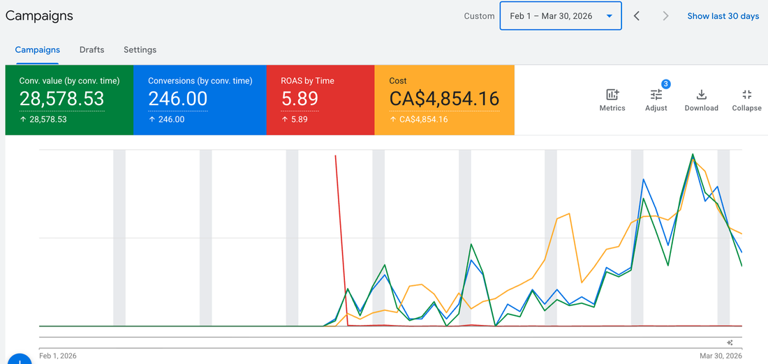 Google Ads campaign performance, one month in
