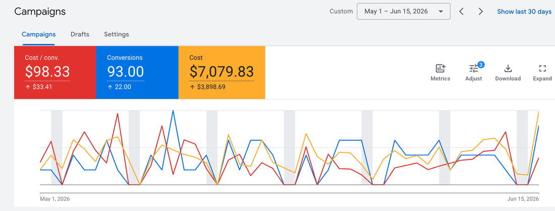 Google Ads campaign performance for a tree service company